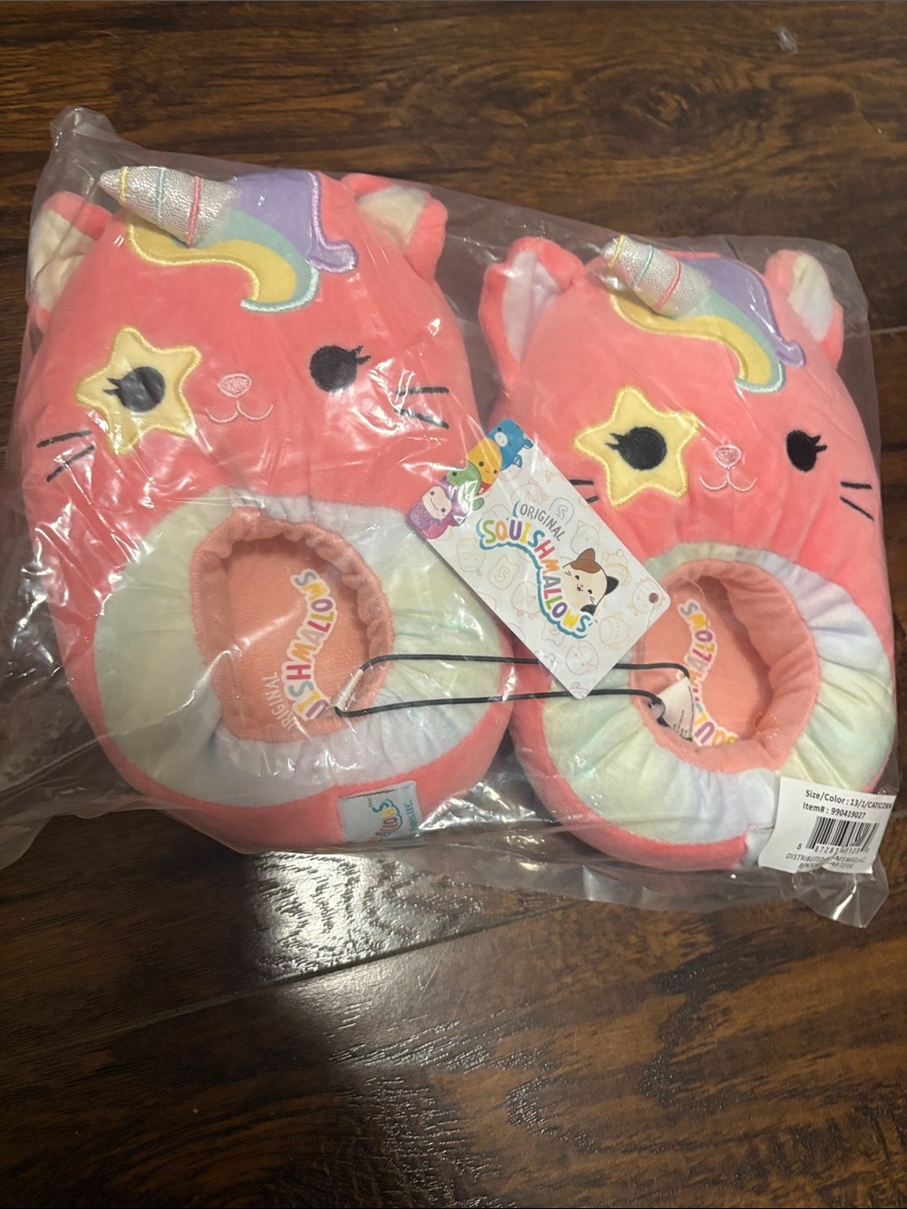 Squishmallows Coral Pink Unicorn Cat Kids slippers size 13-1
